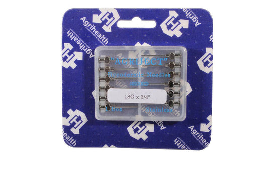 Pack of Agrihealth Agriject stainless steel hypodermic needles 18G x 3/4 inch for veterinary use