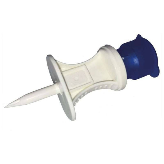 A white Mini Spike Filter dispensing pin with a blue snapping lid and a protective cap.