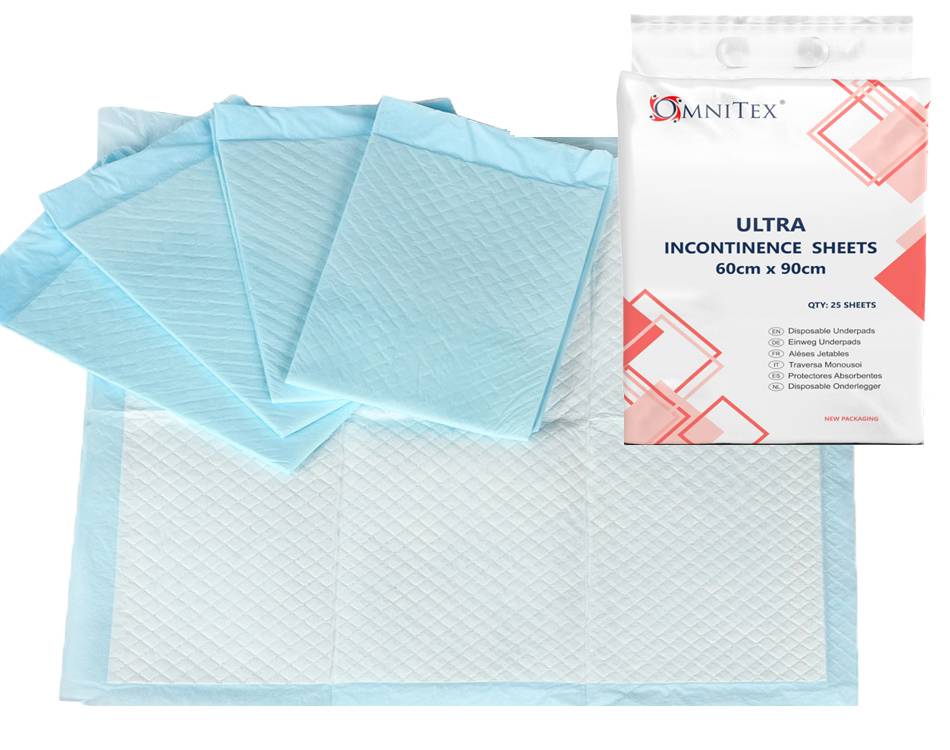 Omnitex 60cm x 90cm Ultra Disposable Bed Incontinence Sheets Pack of 25