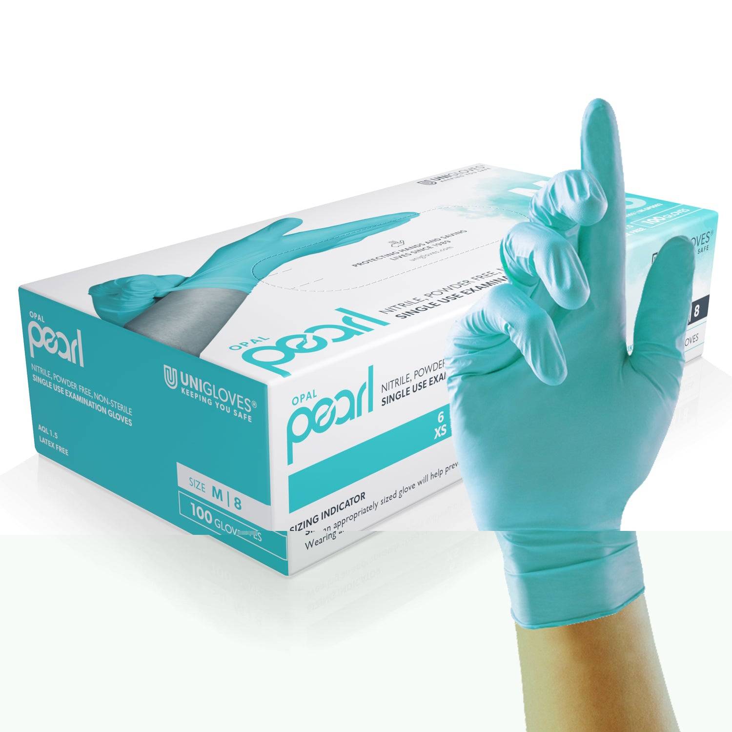 Unigloves Opal Pearl Nitrile Aqua Gloves Box of 100 - UKMEDI - UK MEDICAL SUPPLIES