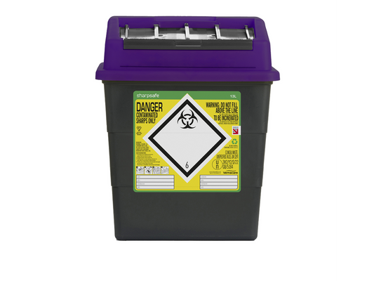 13 Litre Sharpsafe Grey Sharps Bin Purple Lid - UKMEDI