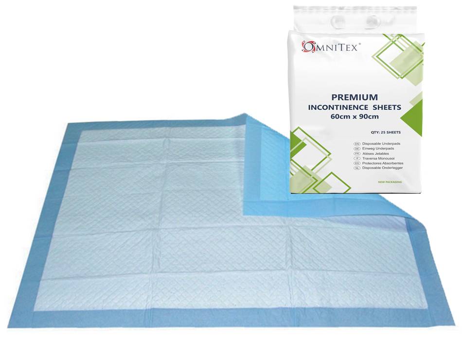 Omnitex 60cm x 90cm Premium Disposable Bed Incontinence Sheets Pack of 25